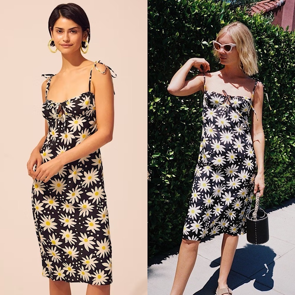 SOLID & STRIPED 90s Daisy Floral Print Sleeveless Ruched Tie Bodice Slip Dress M